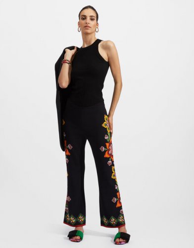 Stretch Pants (Placee) in Folk Flowers Nero Placee for Women | La DoubleJ