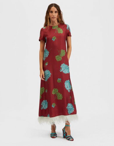 Swing Dress (With Feathers) in Ortensia Bordeaux for Women | La DoubleJ