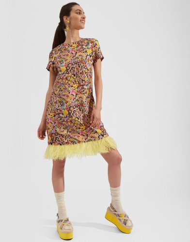 Mini Swing Dress (With Feathers) in Tripping Nero for Women | La DoubleJ